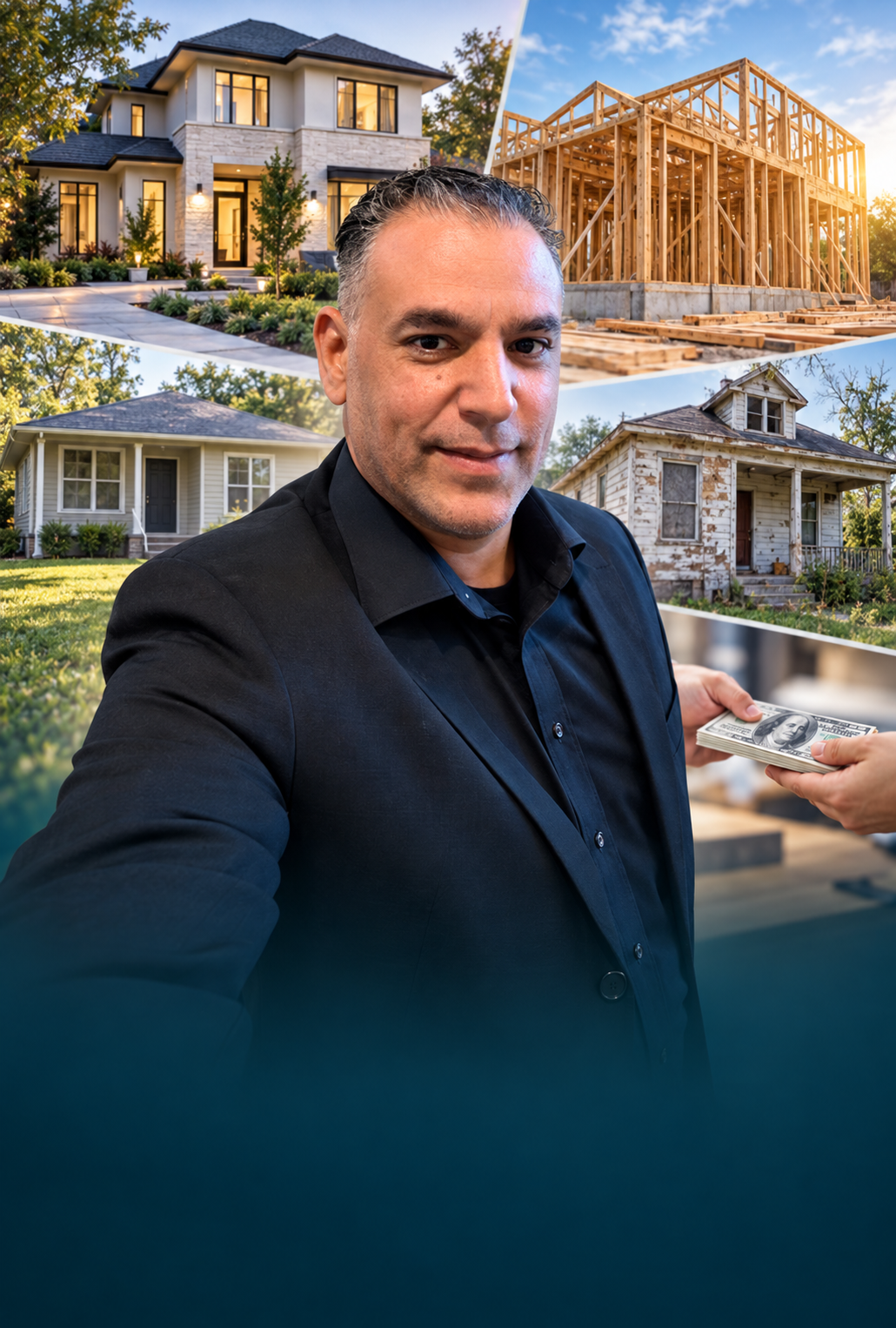 Rodolfo Peña frente a un collage de casas, construcción, remodelación y financiamiento